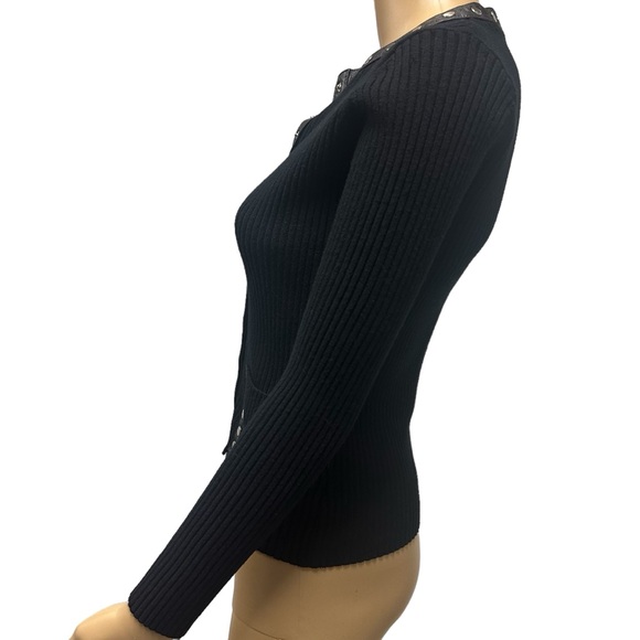 One Girl Who Black Genuine Leather Trim Ribbed Snap Button Up Cardigan Top Small - Picture 3 of 11